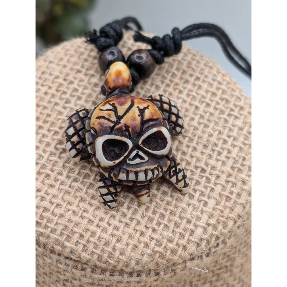 Skull Turtle Pendant Necklace Adjustable Cord Gothic Boho Carved Charm (16"-30")